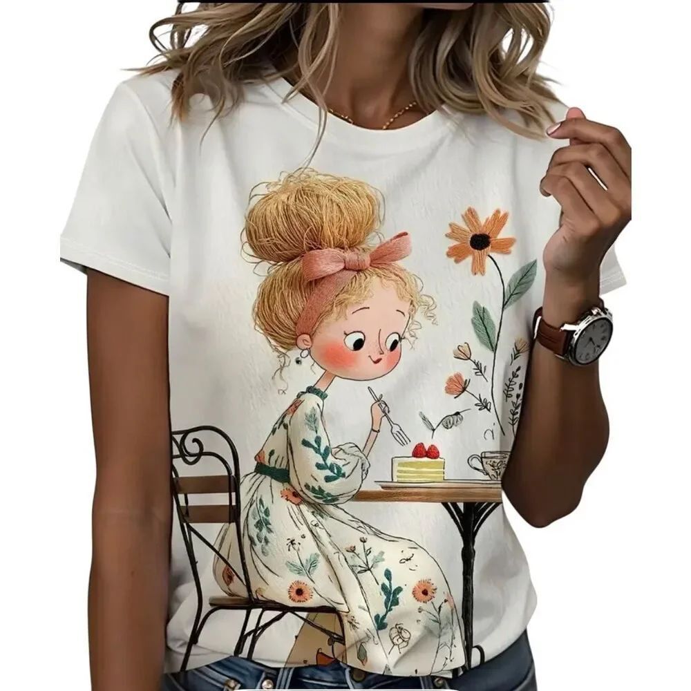 Casual crew neck t-shirt cartoon print woman having cake Sz L #2609
